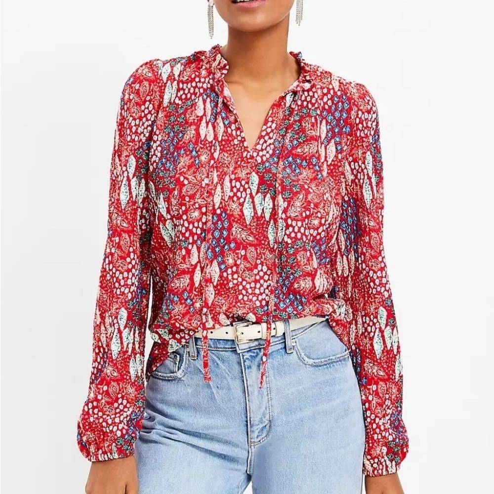 LOFT - MULTI-COLOR TIE NECK RUFFLE COLLAR BLOUSE - SIZE M - Picture 2 of 6